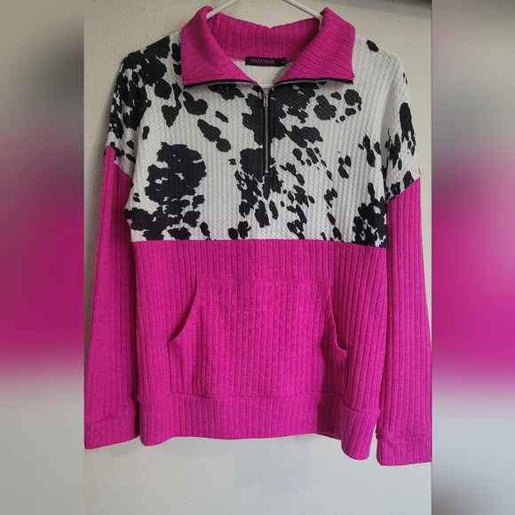 Pink Cowprint Thermal Pullover - Picture 1 of 8